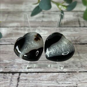Set of TWO Black Agate Hearts Crystals Pocket Palm Stones